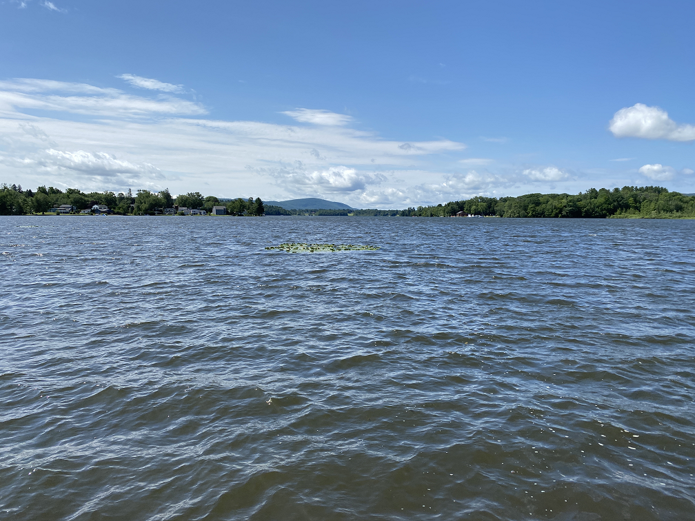 View of Onota Lake from the causeway on Dan Casey Memorial Drive in Pittsfield, Massachusetts.